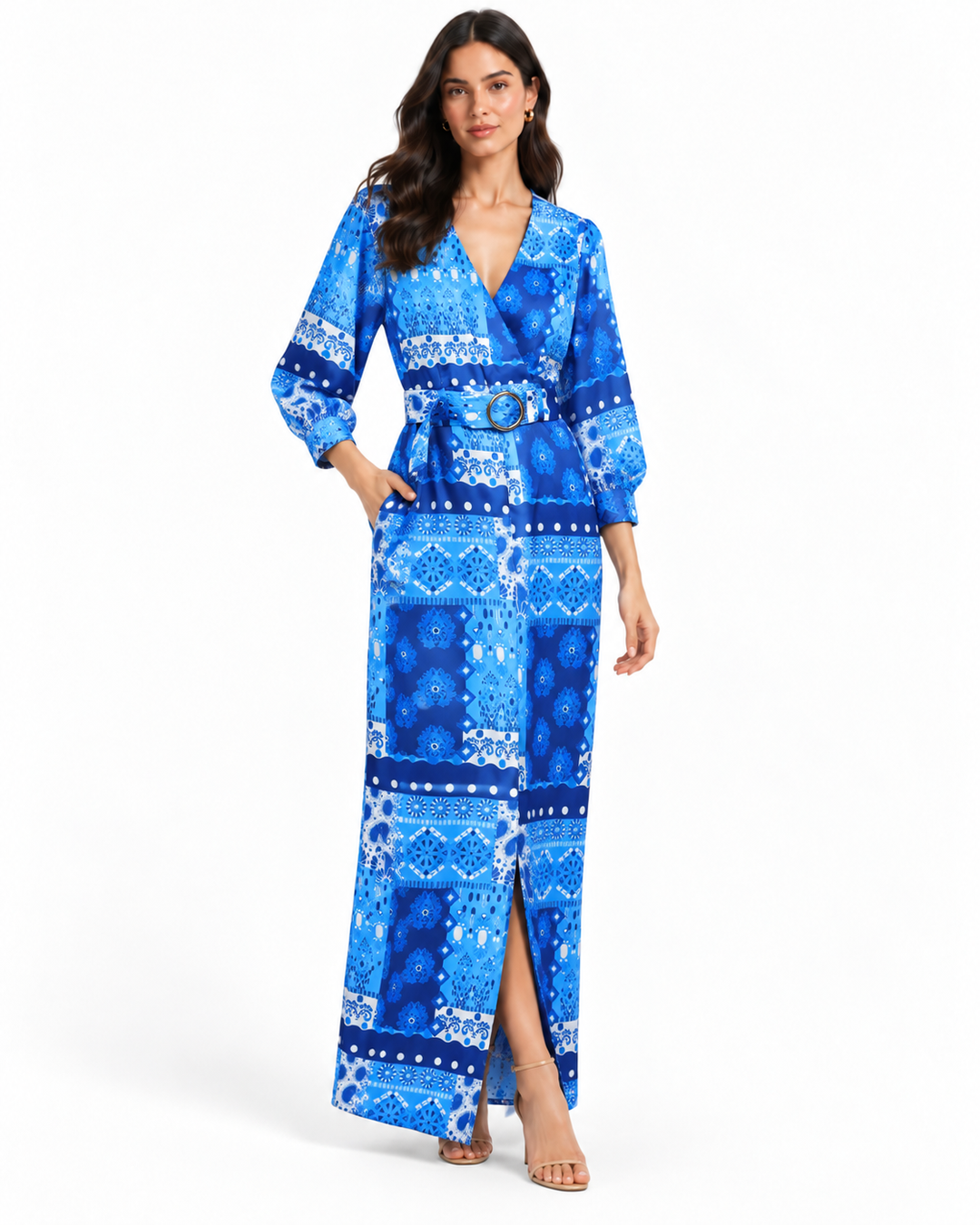 Vestido Largo Dama Estampado con Cinturón