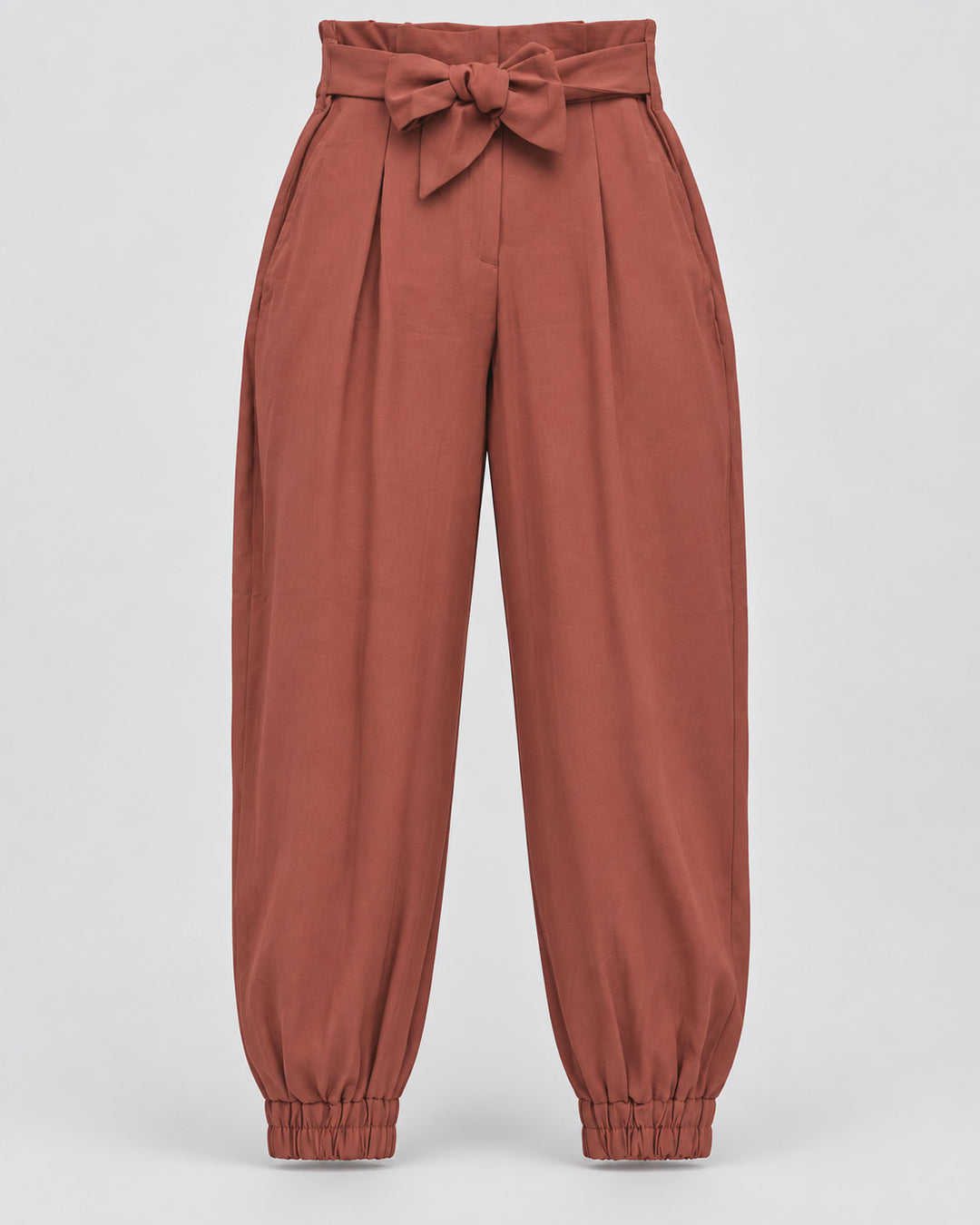 Pantalón jogger de mujer tiro alto con lazo terracota