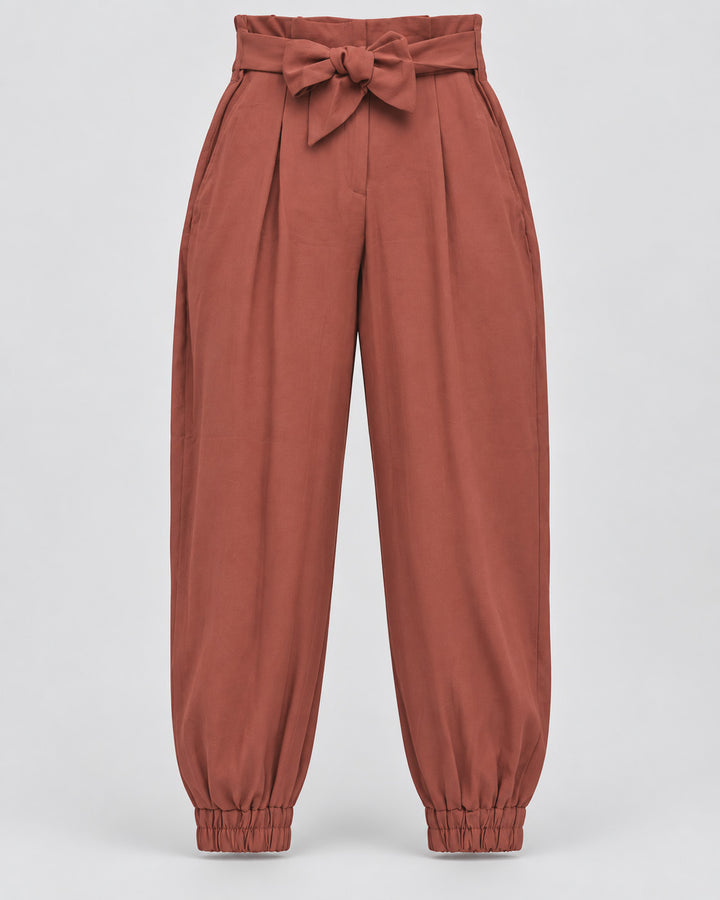 Pantalón jogger de mujer tiro alto con lazo terracota