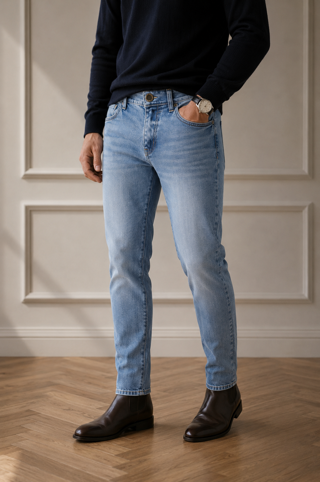 Tejido denim jacquard micropunto.