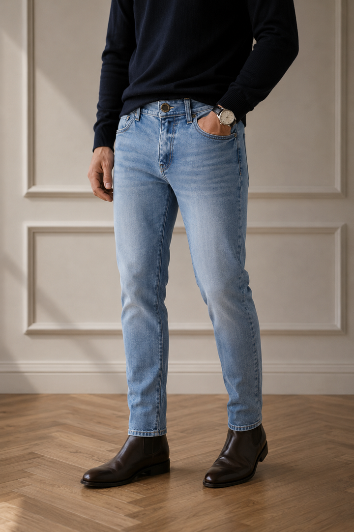 Tejido denim jacquard micropunto.