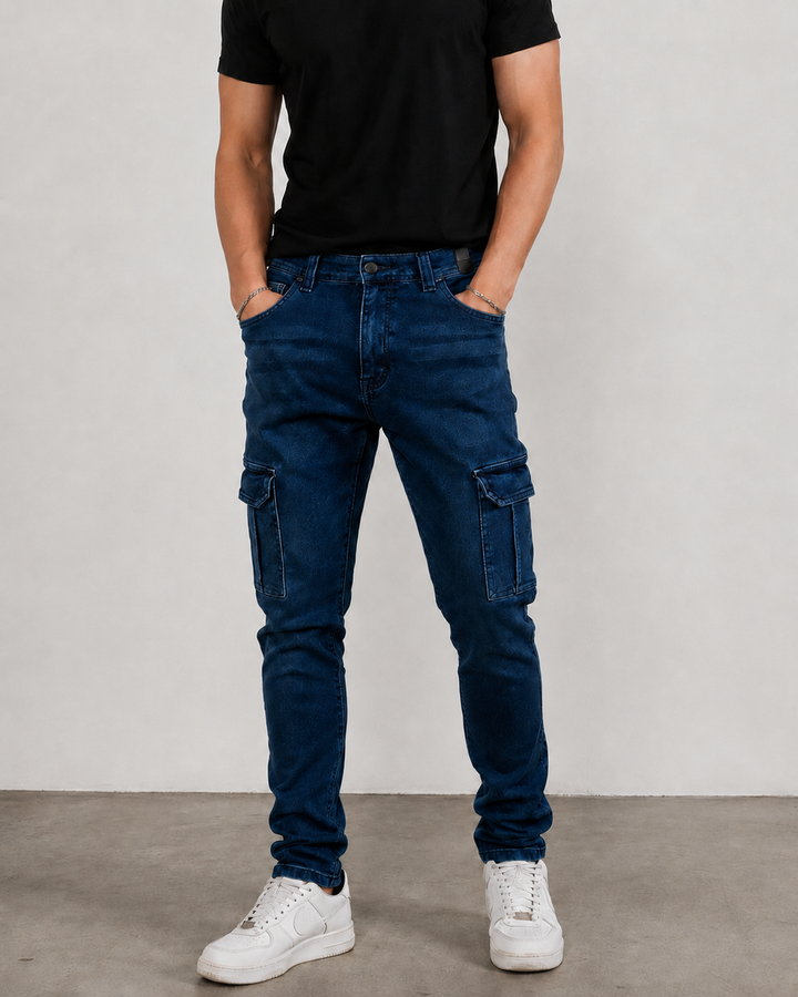 Jean cargo hombre, jean skinny hombre, pantalón cargo azul hombre, jean elástico hombre, jean ajustado hombre, pantalón casual hombre, cargo denim hombre, jean moderno hombre, pantalón skinny azul, Purple Rain hombre.