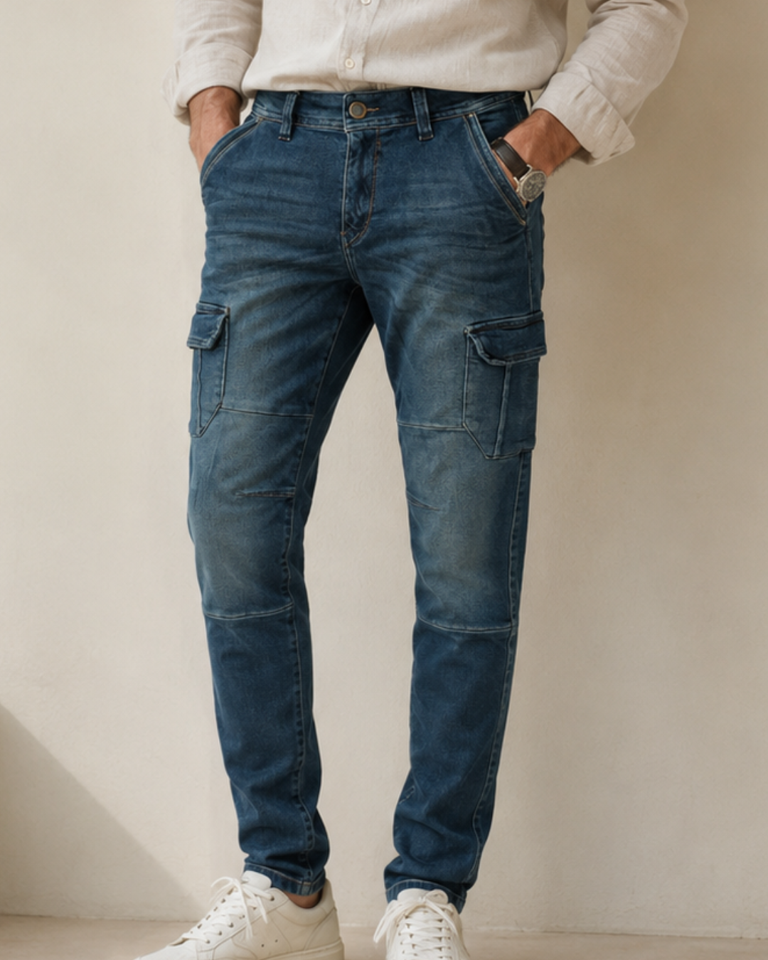 Jean cargo hombre, jean skinny hombre, pantalón cargo azul hombre, jean elástico hombre, jean ajustado hombre, pantalón casual hombre, cargo denim hombre, jean moderno hombre, pantalón skinny azul, Purple Rain hombre.