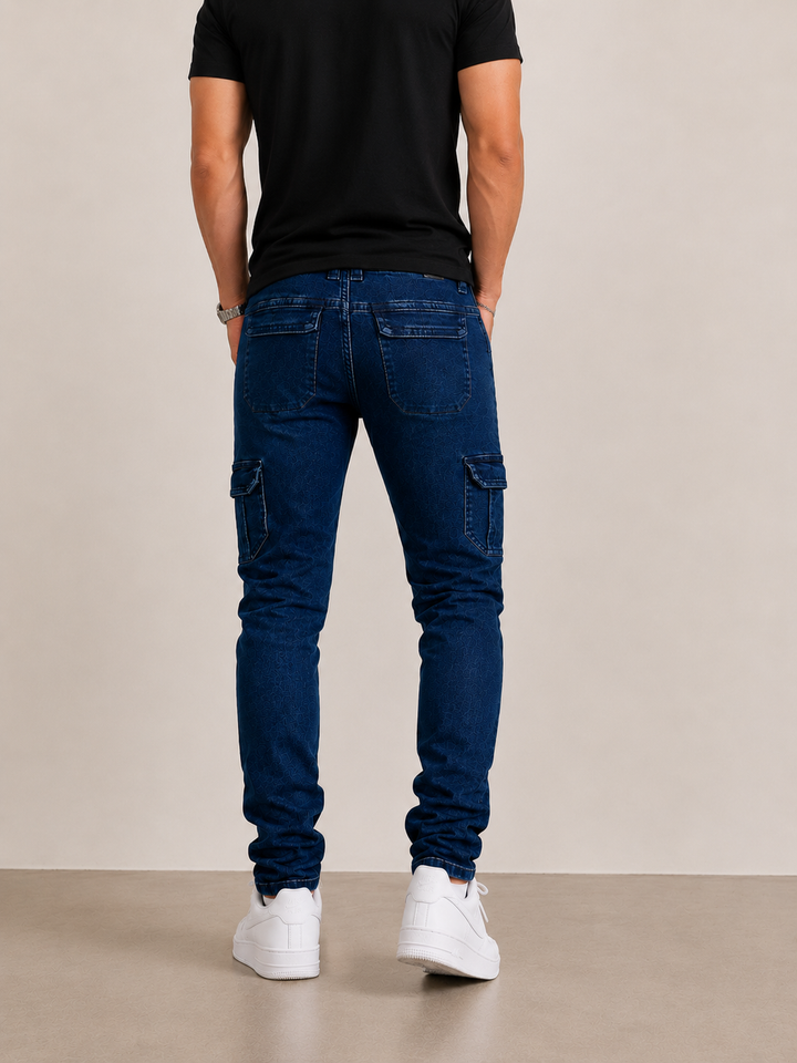 Jean cargo hombre, jean skinny hombre, pantalón cargo azul hombre, jean elástico hombre, jean ajustado hombre, pantalón casual hombre, cargo denim hombre, jean moderno hombre, pantalón skinny azul, Purple Rain hombre.