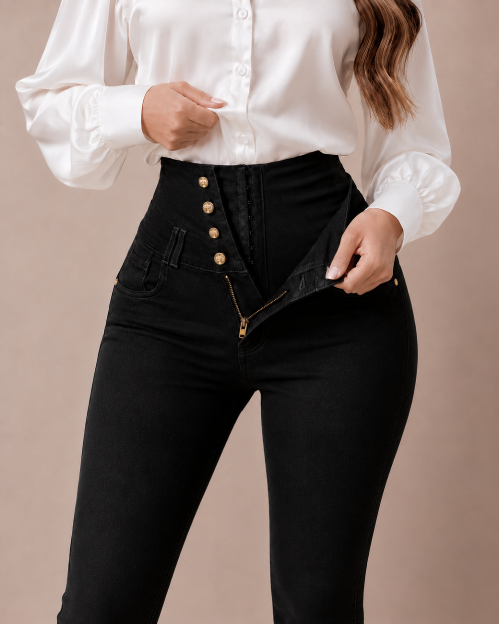 Su diseño de&nbsp;cintura extra alta&nbsp;con cierre frontal reforzado y botonadura decorativa crea un efecto visual que alarga la figura y brinda mayor soporte en la zona media. La estructura interna moldea suavemente el abdomen mientras mantiene una sensación cómoda durante todo el día.