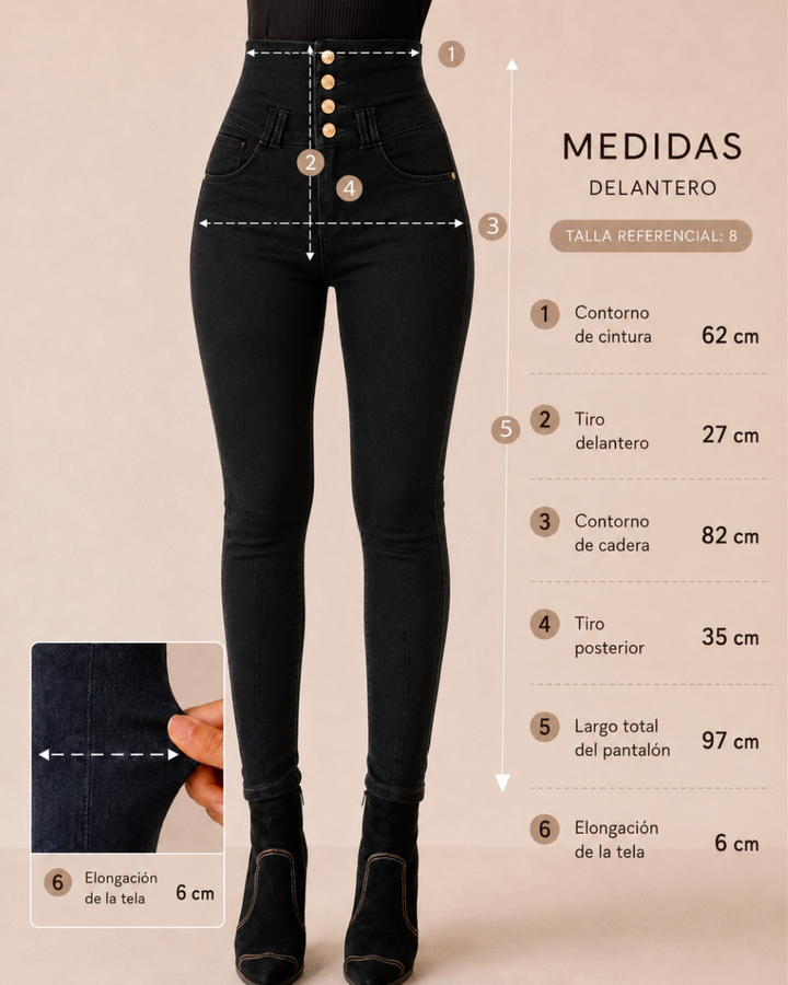 Su diseño de&amp;nbsp;cintura extra alta&amp;nbsp;con cierre frontal reforzado y botonadura decorativa crea un efecto visual que alarga la figura y brinda mayor soporte en la zona media. La estructura interna moldea suavemente el abdomen mientras mantiene una sensación cómoda durante todo el día.
