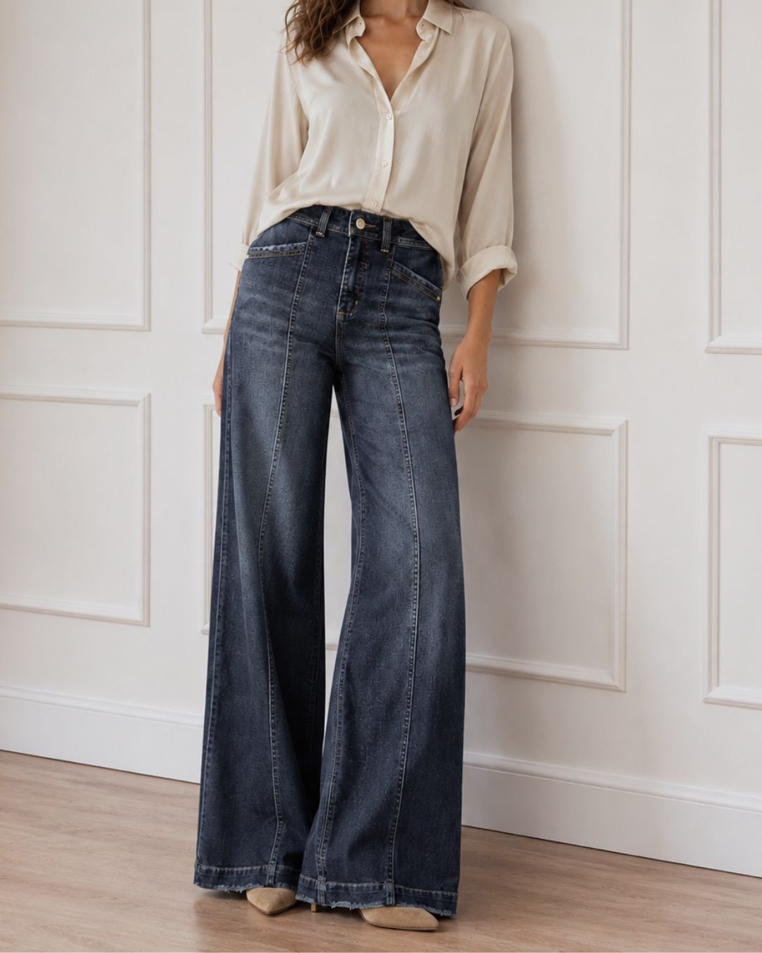 Jean Palazzo Purple Rain para mujer. Silueta amplia, cintura alta y detalles exclusivos que estilizan la figura con elegancia y comodidad para cualquier ocasión
