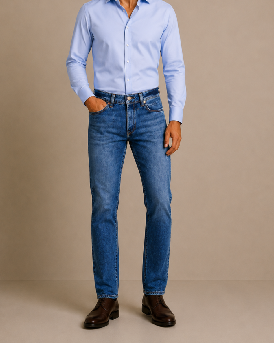 Jean masculino azul índigo de corte semi entubado Purple Rain, confeccionado en mezcla de algodón, poliéster, rayón y elastómero para brindar comodidad, resistencia y un ajuste moderno. Diseño versátil ideal para looks casuales y smart casual.