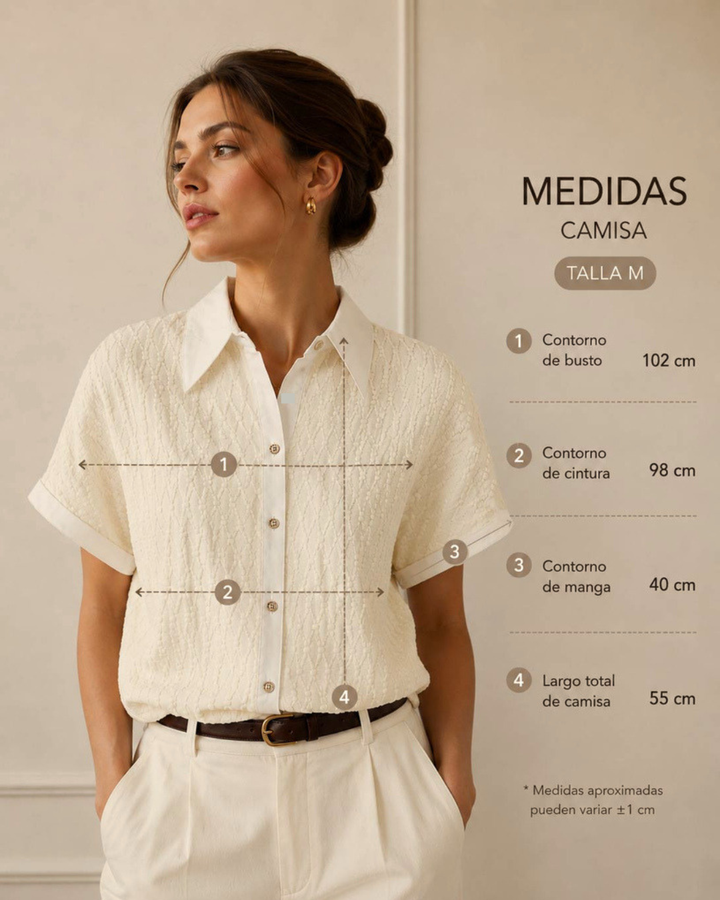Diseño de hombro caído para una caída natural y favorecedora.
Tela texturizada con relieve delicado.
Cuello camisero clásico.
Botonadura frontal funcional.
Manga corta amplia con terminación en sesgo ancho.
Silueta cómoda y elegante.
Fácil de combinar con jeans, pantalones de sastrería o faldas.