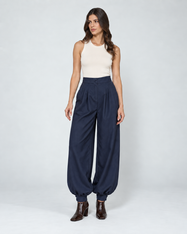 Pantalón Balloon de Mujer en Raya Tiza