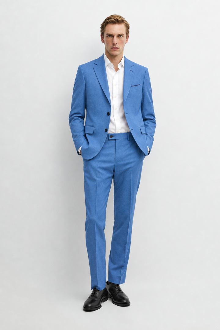 Traje Hombre Premium Texturizado Azul Acero Claro con Coderas