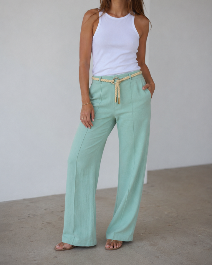 Pantalón Dama Lino Viscosa con Cinturón Trenzado