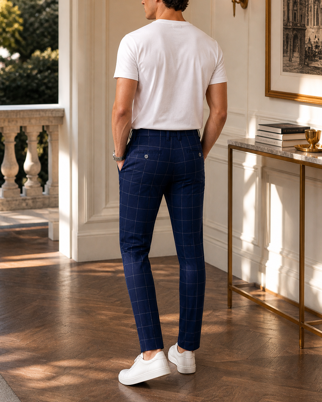 pantalon drill azul oscuro cuadros, cómodo, skinny