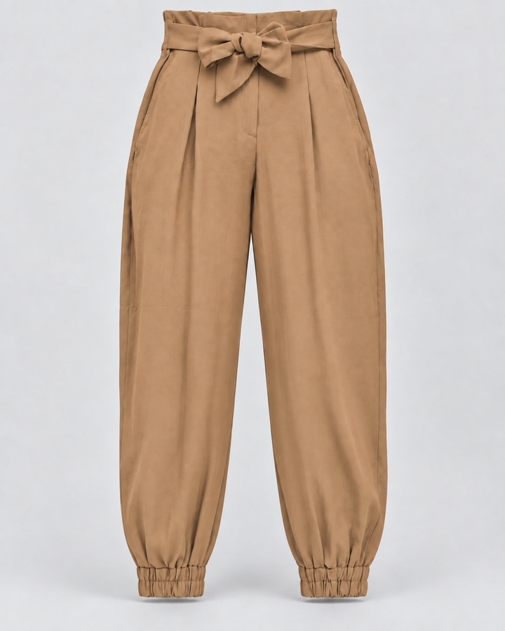 Pantalón jogger de mujer tiro alto con lazo terracota