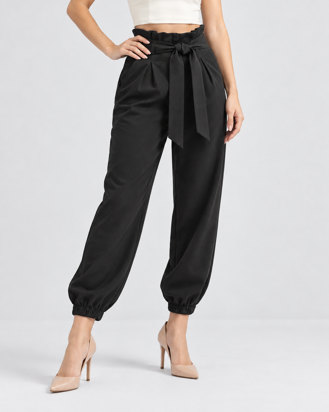 Pantalón jogger de mujer tiro alto con lazo terracota