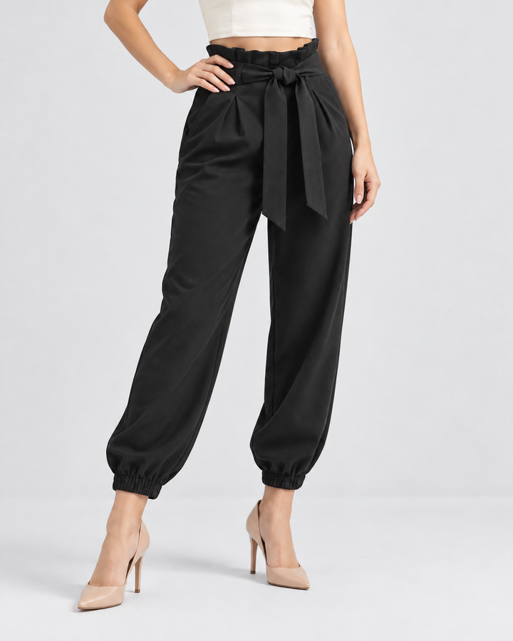Pantalón jogger de mujer tiro alto con lazo terracota