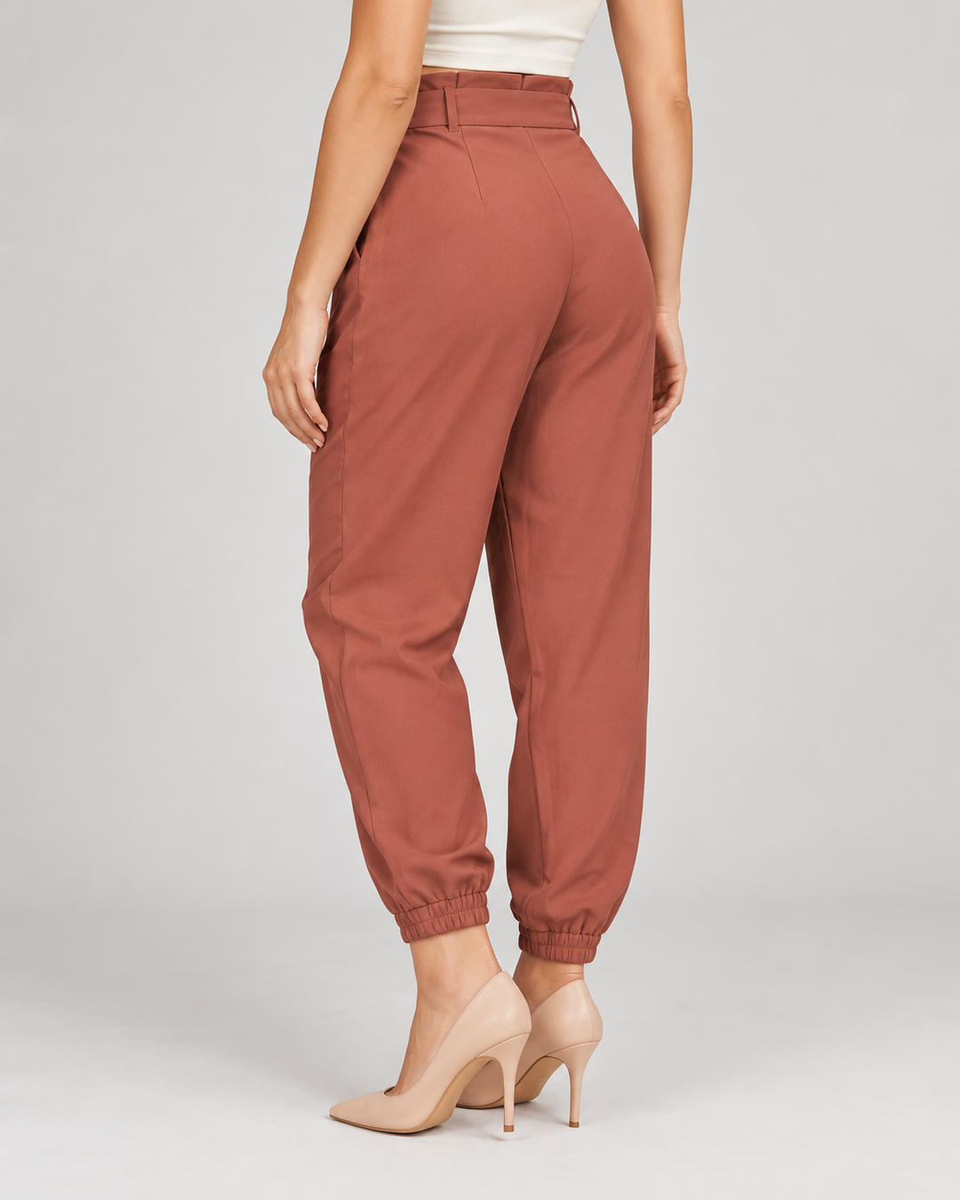 Pantalón jogger de mujer tiro alto con lazo terracota