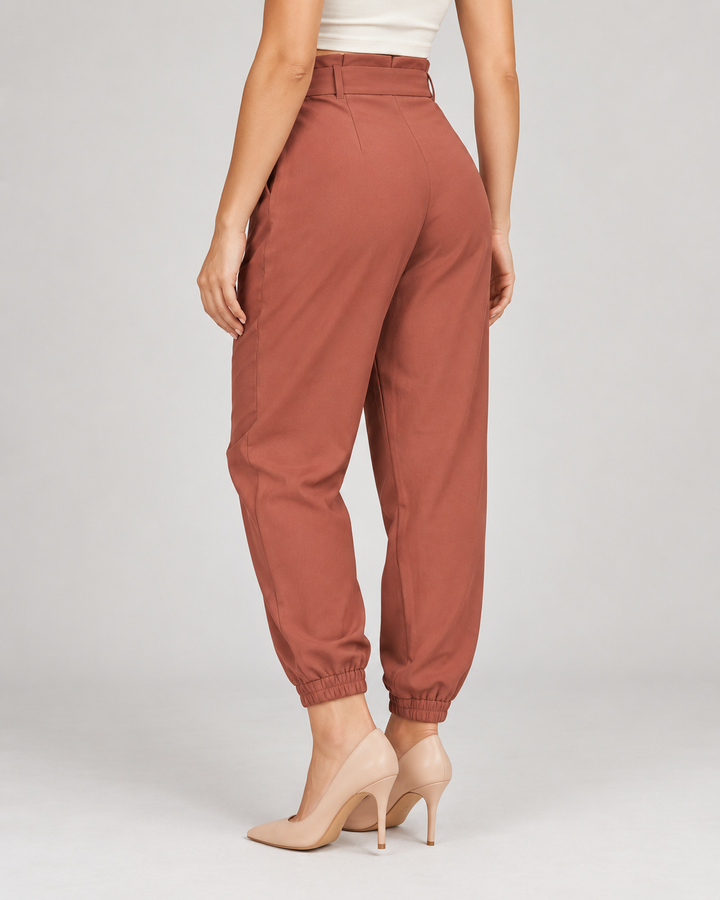 Pantalón jogger de mujer tiro alto con lazo terracota