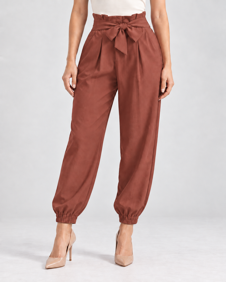 Pantalón jogger de mujer tiro alto con lazo terracota