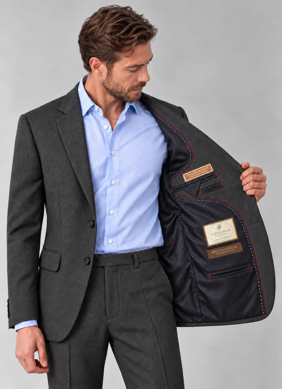 Traje de hombre premium texturizado gris oscuro con coderas