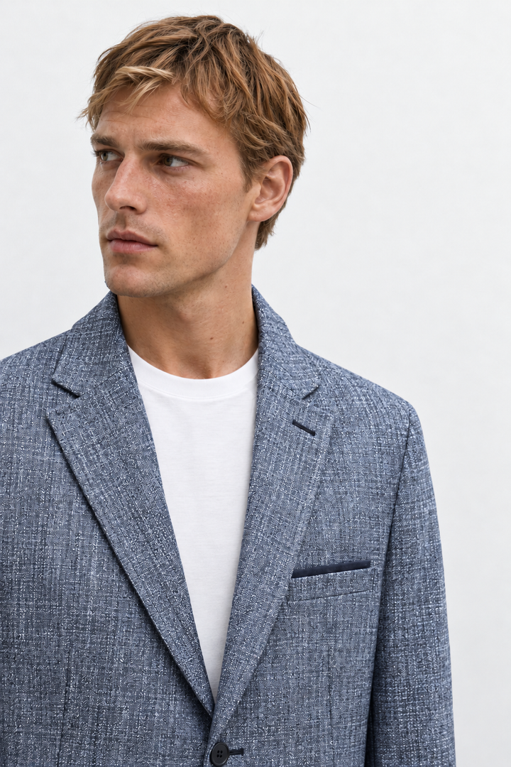 Traje Hombre Premium Azul Acero Jaspeado con Coderas