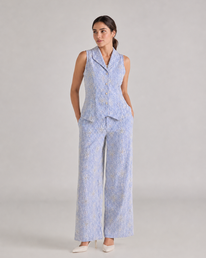 Set Mujer Bordado Azul con Chaleco y Pantalón Palazzo Riviera