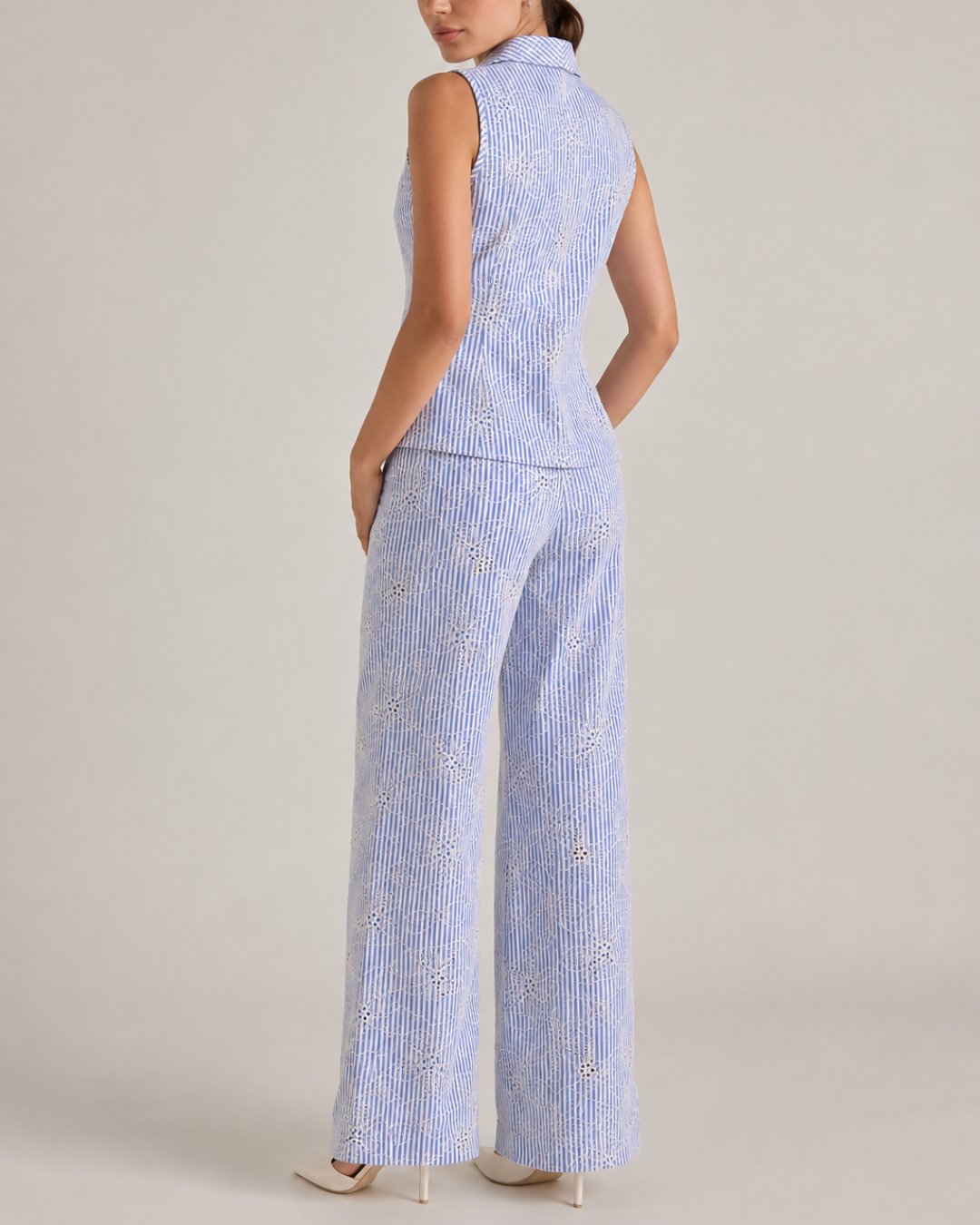 Set Mujer Bordado Azul con Chaleco y Pantalón Palazzo Riviera