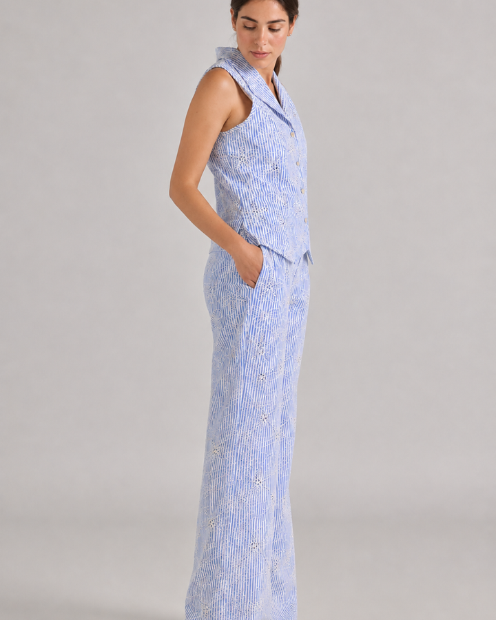 Set Mujer Bordado Azul con Chaleco y Pantalón Palazzo Riviera