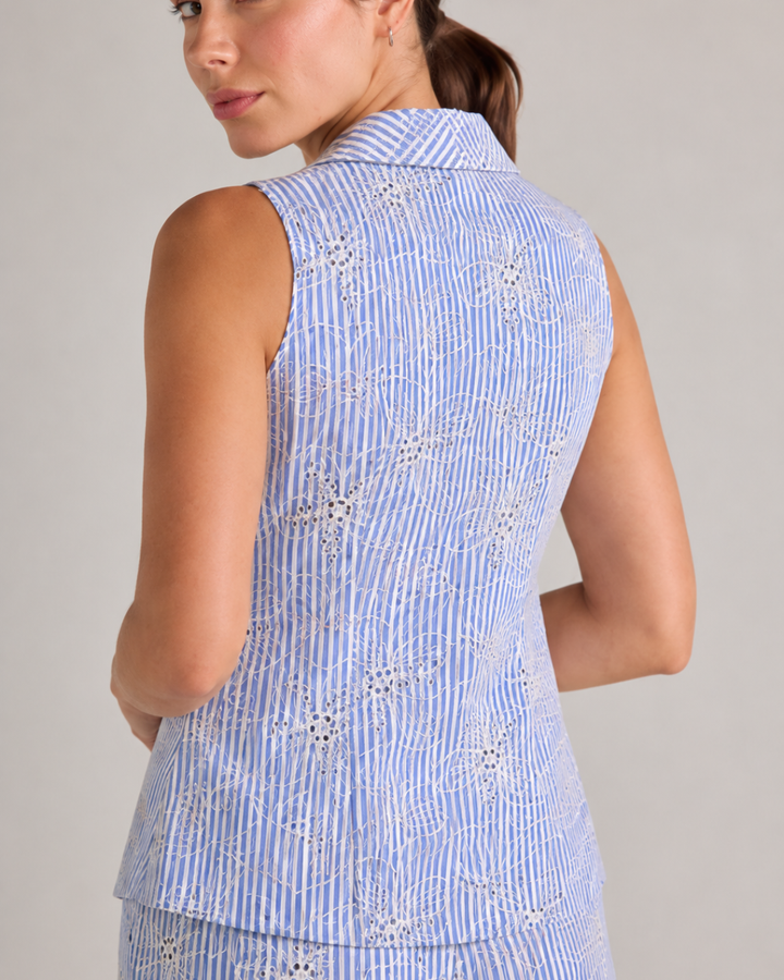 Set Mujer Bordado Azul con Chaleco y Pantalón Palazzo Riviera