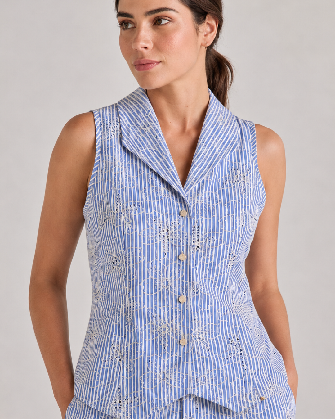 Set Mujer Bordado Azul con Chaleco y Pantalón Palazzo Riviera