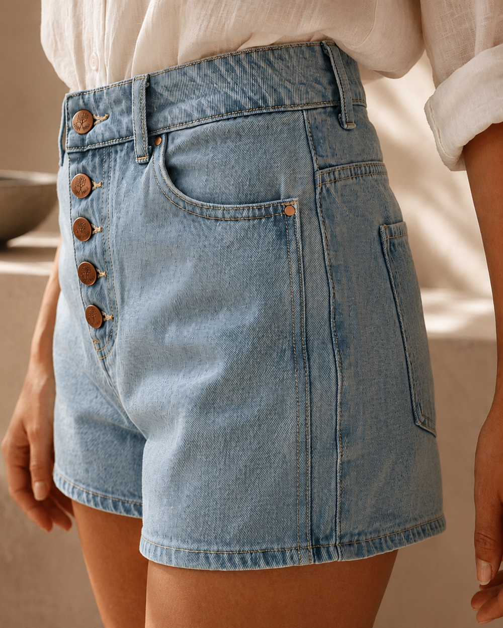 Short Denim Azul Claro de Tiro Alto con Botones Frontales - Purple Rain