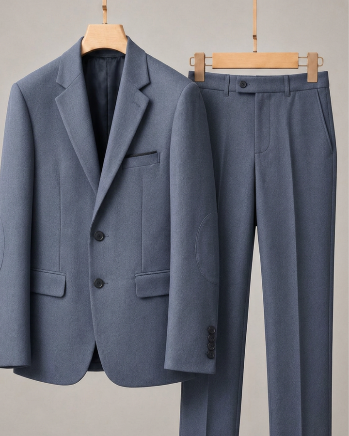 Traje Hombre  Slim Fit Tipo Paño con Coderas. azul acero sastrero 
