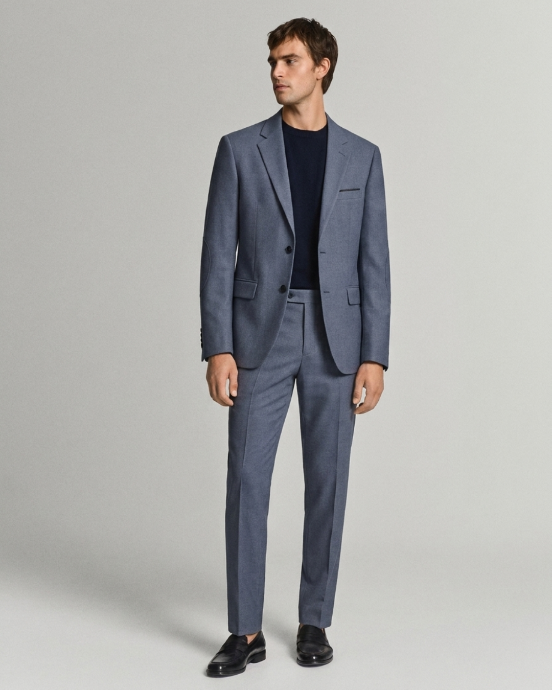 Traje Hombre  Slim Fit Tipo Paño con Coderas. azul acero tipo sastre 