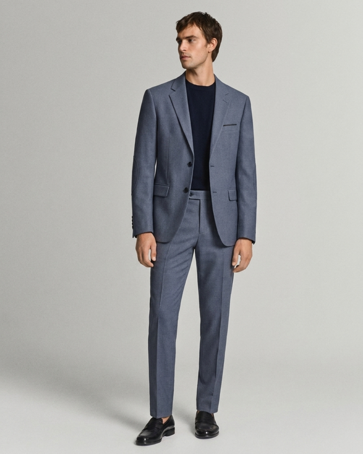 Traje Hombre  Slim Fit Tipo Paño con Coderas. azul acero tipo sastre 