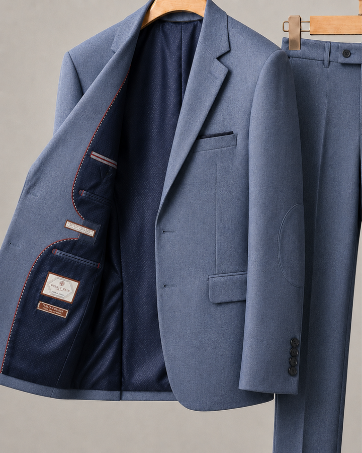 Traje Hombre  Slim Fit Tipo Paño con Coderas. azul acero