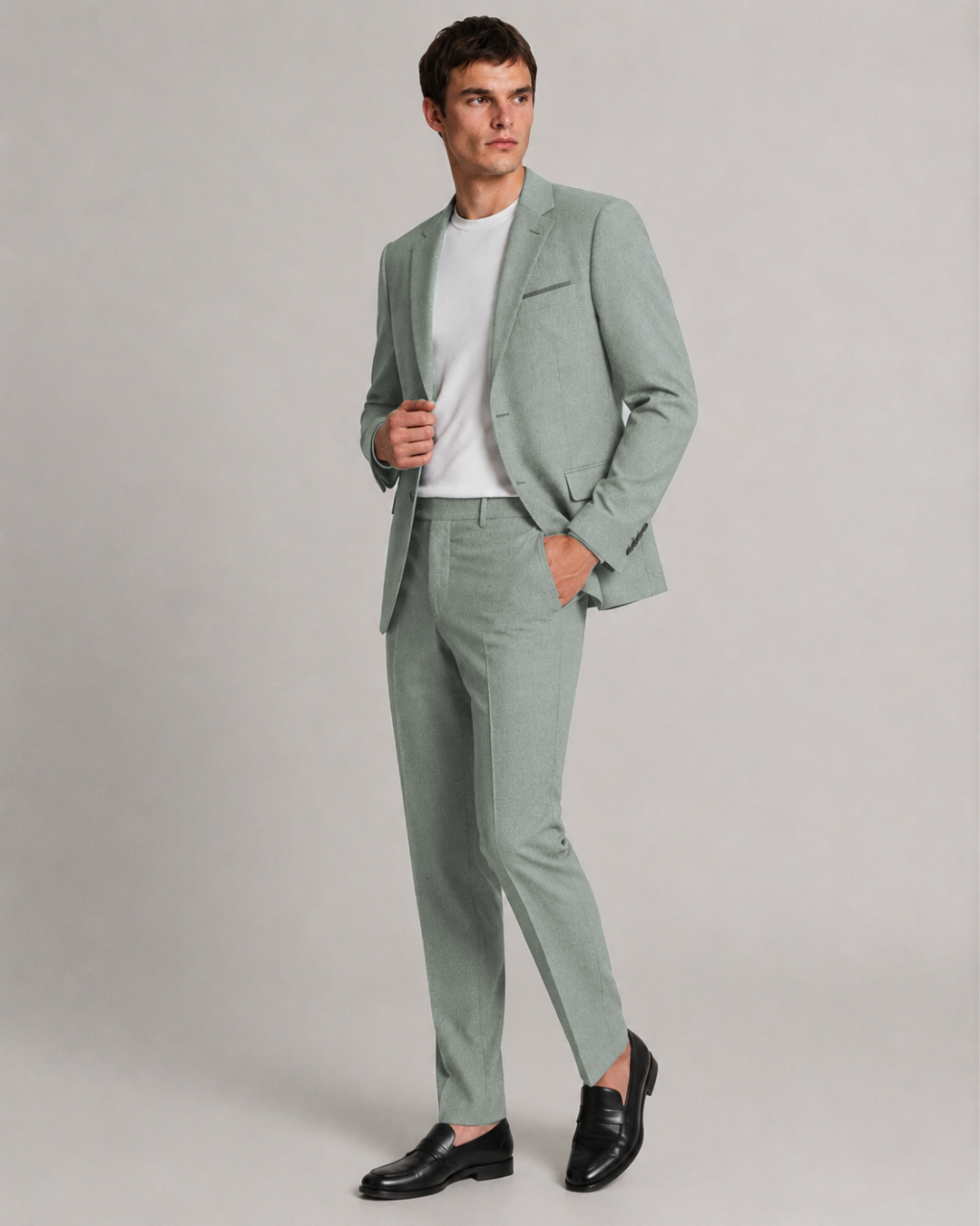 Traje Hombre  Slim Fit Tipo Paño con Coderas. gris verdoso 