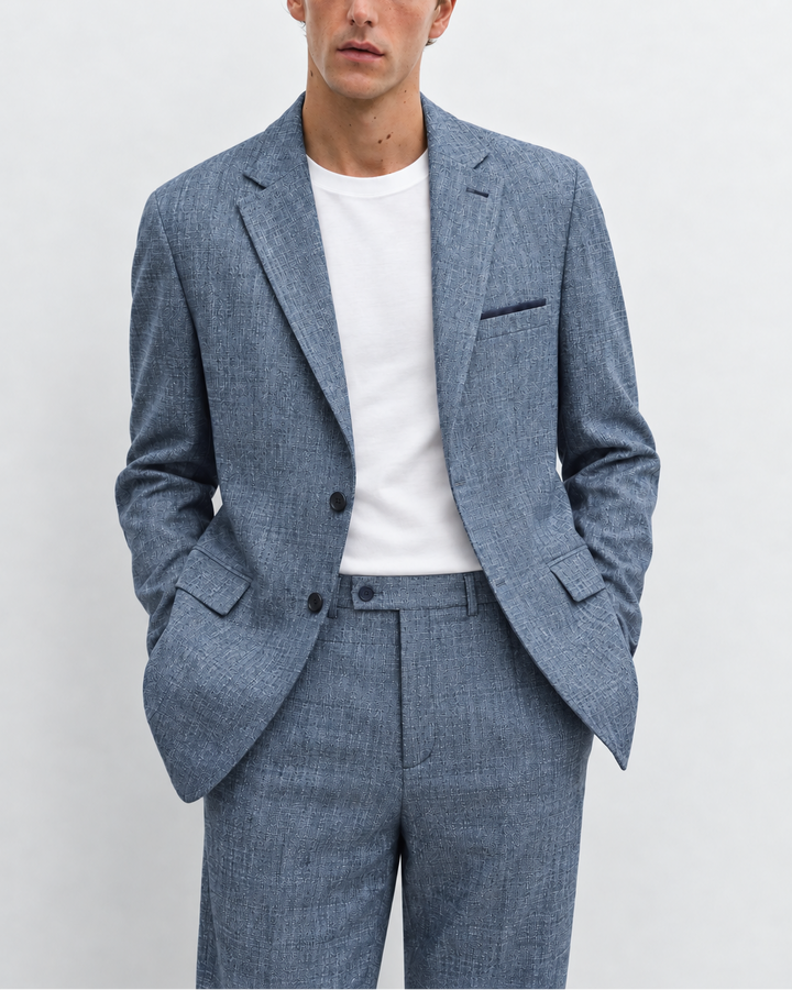 Traje Hombre Premium Azul Acero Jaspeado con Coderas