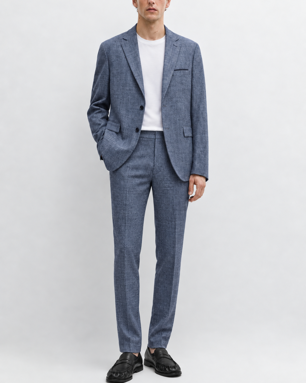 Traje Hombre Premium Azul Acero Jaspeado con Coderas
