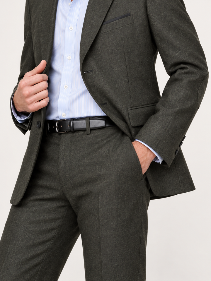 Traje de hombre premium texturizado gris oscuro con coderas