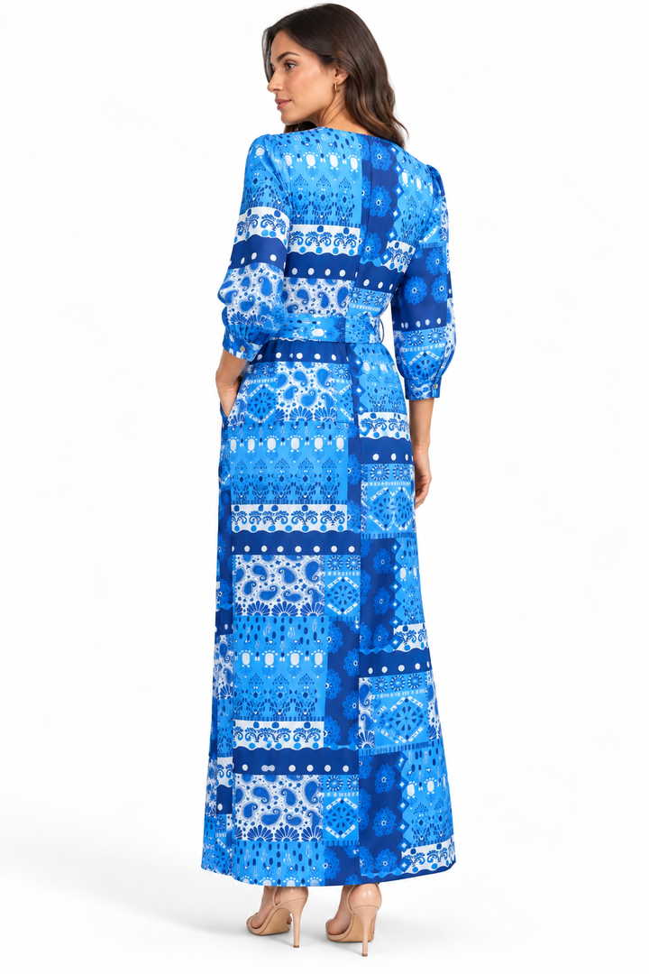 Vestido Largo Dama Estampado con Cinturón