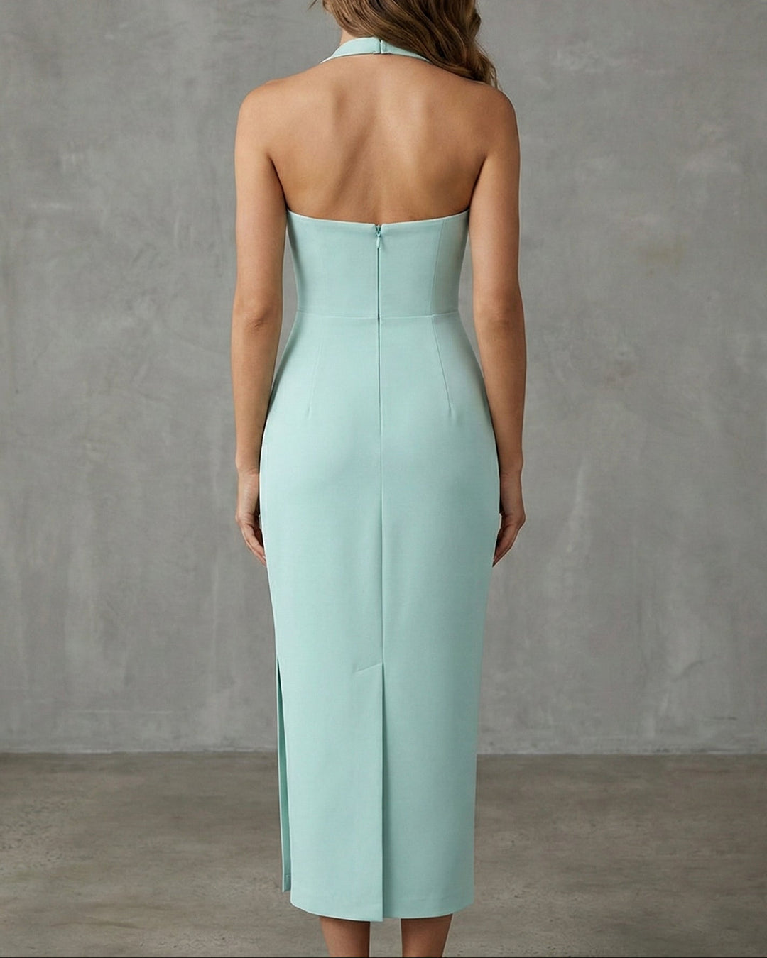 Vestido Midi verde menta, Escote cuadrado, detalle de hebilla metálica - Purple Rain
