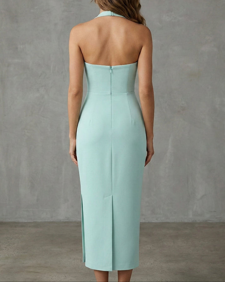 Vestido Midi verde menta, Escote cuadrado, detalle de hebilla metálica - Purple Rain
