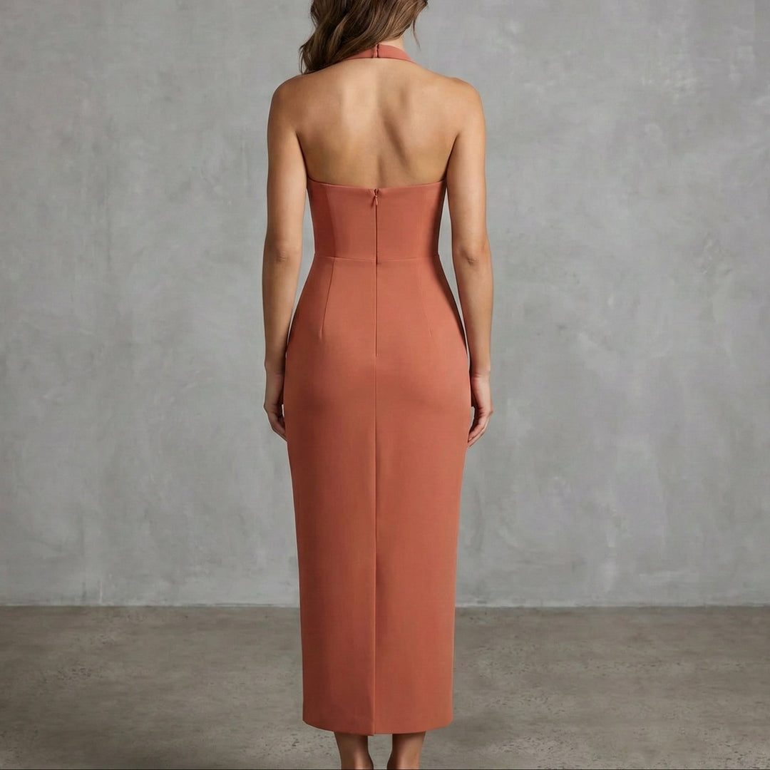 Vestido Midi, Escote cuadrado, detalle de hebilla metálica- Purple Rain