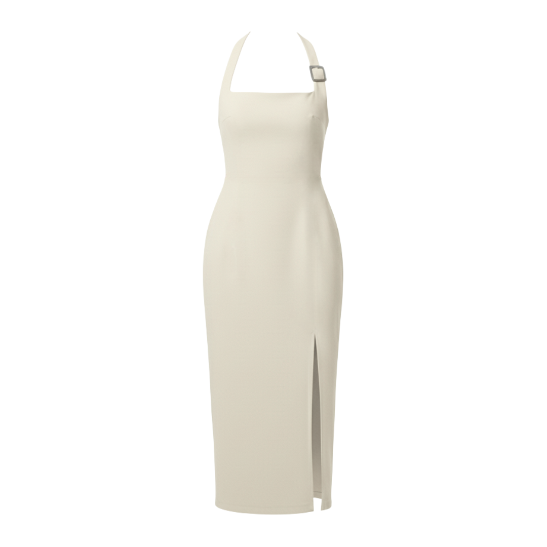 Vestido midi color blanco con abertura frontal y hebilla - Purple Rain