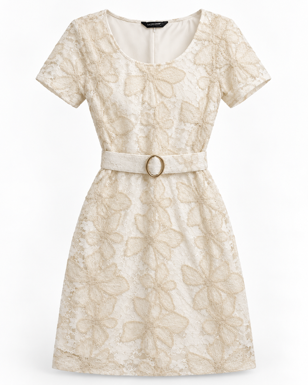 Vestido Corto Dama en Encaje Floral Texturizado con Cinturón – Marfil