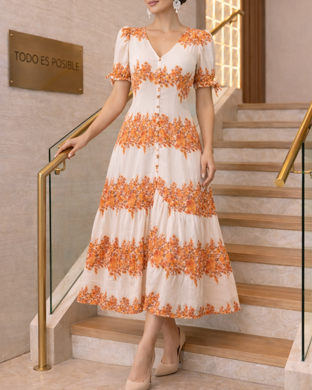 Vestido largo Femenino con efecto lino  y motivos florales y mangas anudadas. - Purple Rain