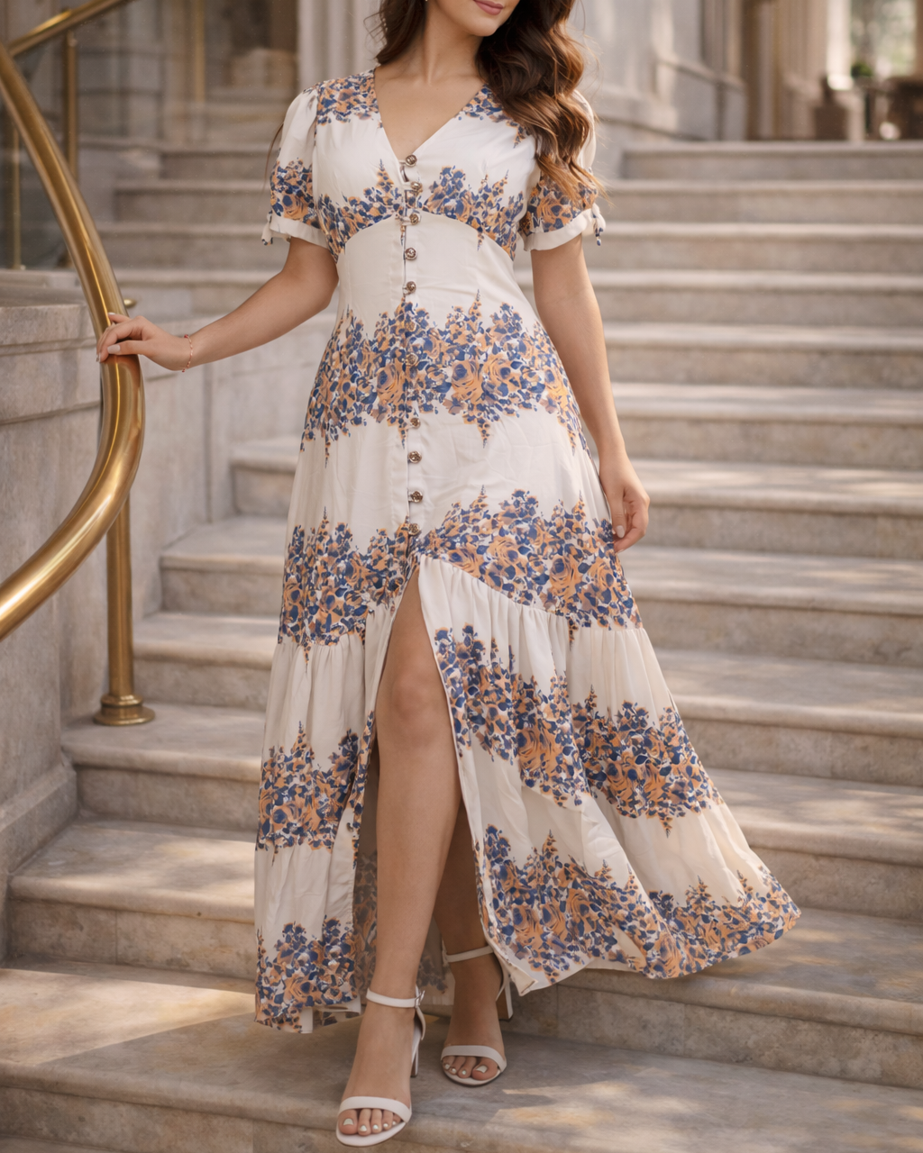 Vestido largo efecto lino con motivos florales y mangas anudadas, con abertura frontal - Purple Rain
