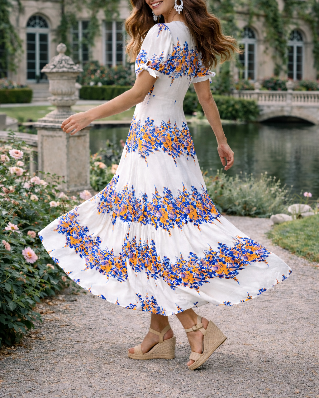 Vestido largo Femenino con efecto lino  y motivos florales y mangas anudadas. - Purple Rain