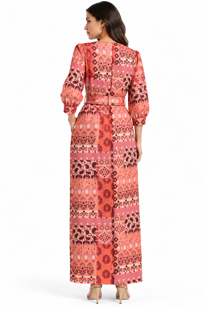 Vestido Largo Dama Estampado con Cinturón