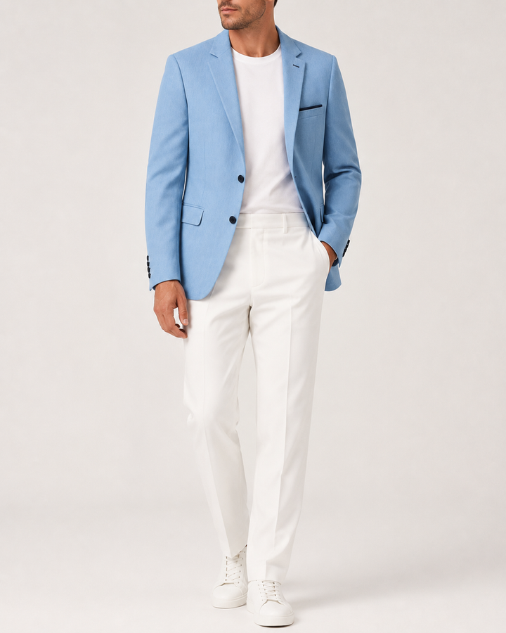 Blazer Hombre tipo paño Azul cielo con coderas.